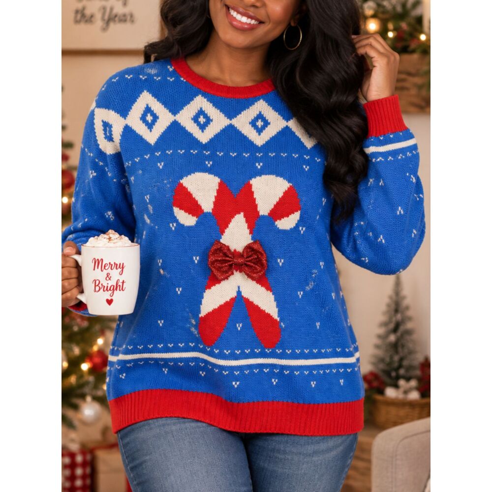 New! CANDY CANE LANE Christmas Sweater Small Medium Women's Blue Red Long Sleeve